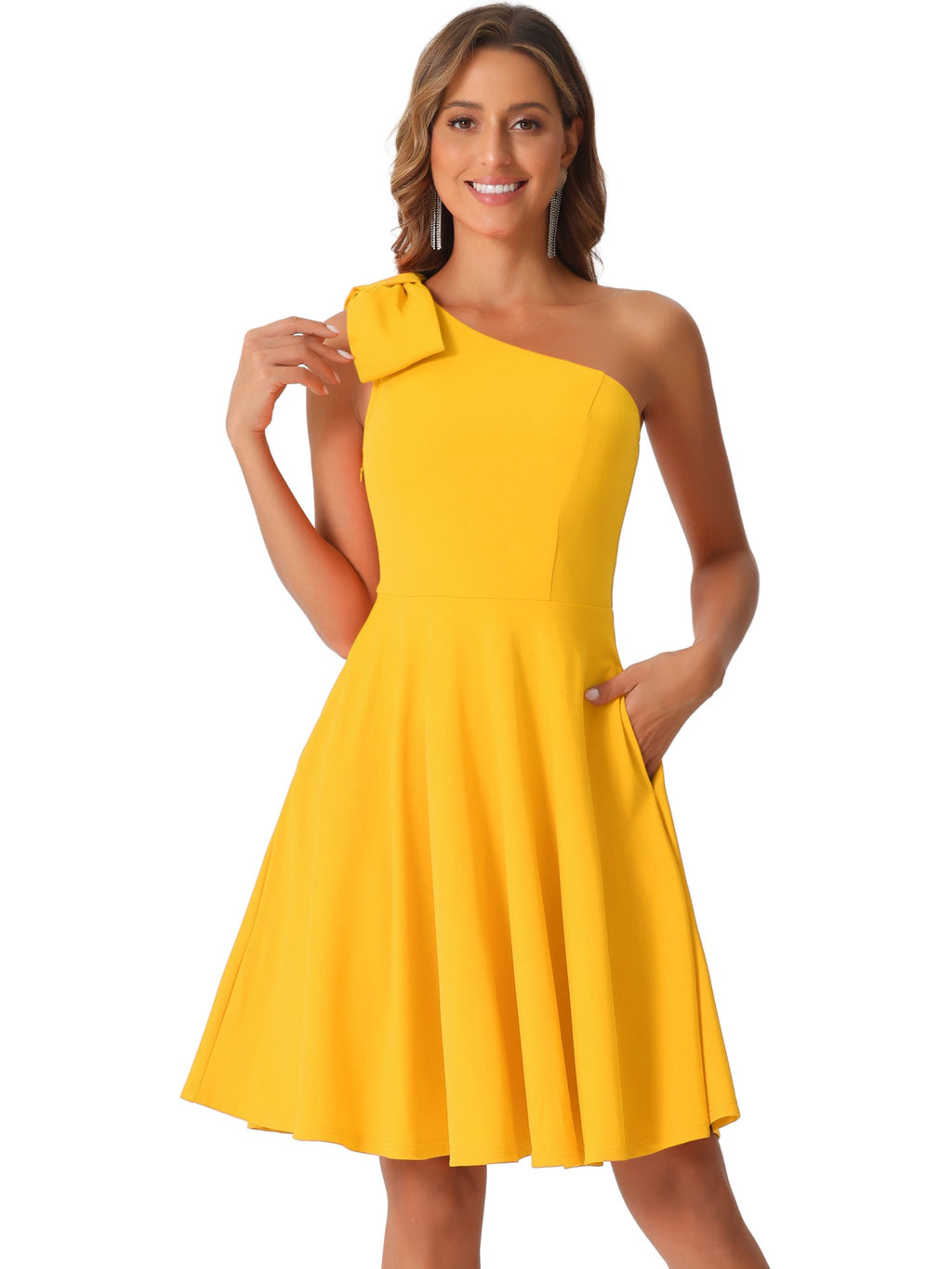 Ivy | One Shoulder Bow Midi Dress with Pockets | Elegant A-Line Occasion Wear