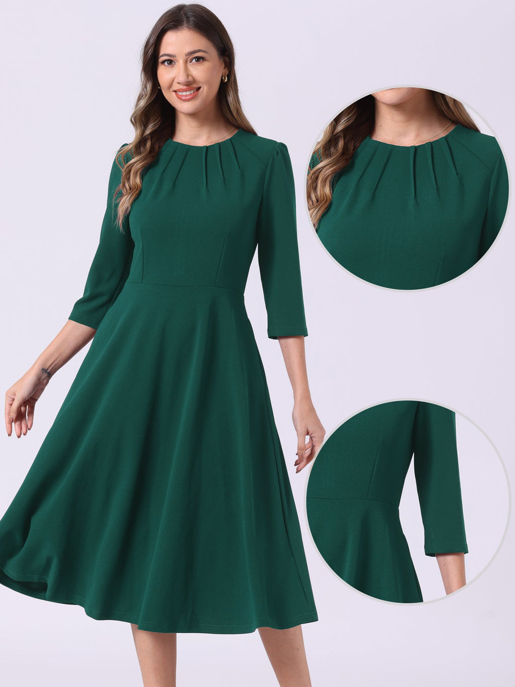 Imogen | 3/4 Sleeve Pleated Midi Swing Dress with Pockets | Elegant A-Line Everyday Style