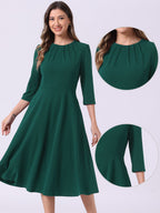 Imogen | 3/4 Sleeve Pleated Midi Swing Dress with Pockets | Elegant A-Line Everyday Style