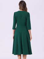 Imogen | 3/4 Sleeve Pleated Midi Swing Dress with Pockets | Elegant A-Line Everyday Style