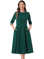 Imogen | 3/4 Sleeve Pleated Midi Swing Dress with Pockets | Elegant A-Line Everyday Style