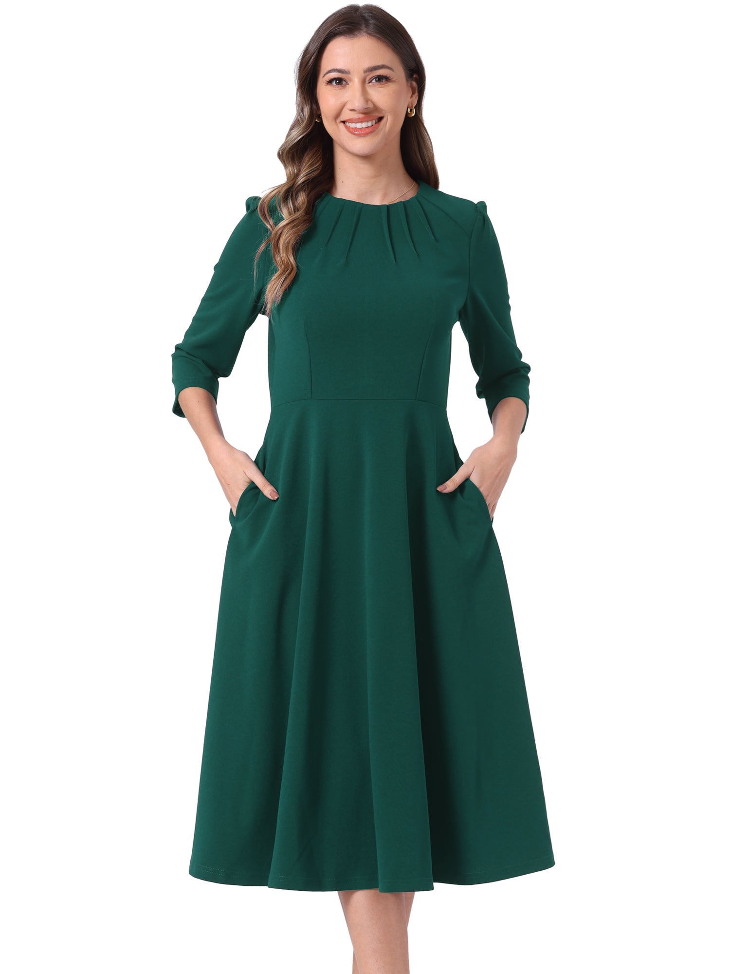 Imogen | 3/4 Sleeve Pleated Midi Swing Dress with Pockets | Elegant A-Line Everyday Style