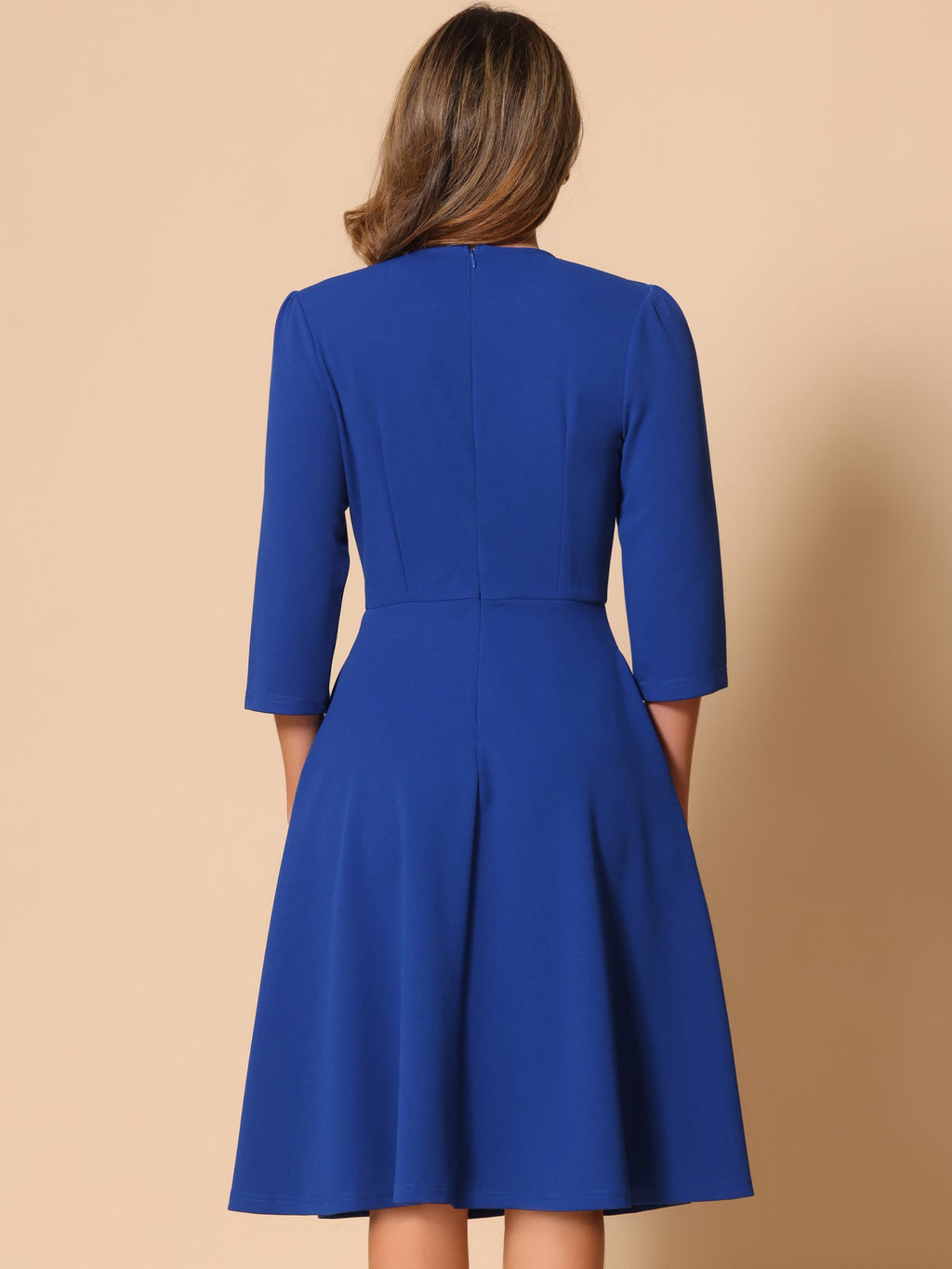 Imogen | 3/4 Sleeve Pleated Midi Swing Dress with Pockets | Elegant A-Line Everyday Style