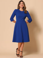 Imogen | 3/4 Sleeve Pleated Midi Swing Dress with Pockets | Elegant A-Line Everyday Style
