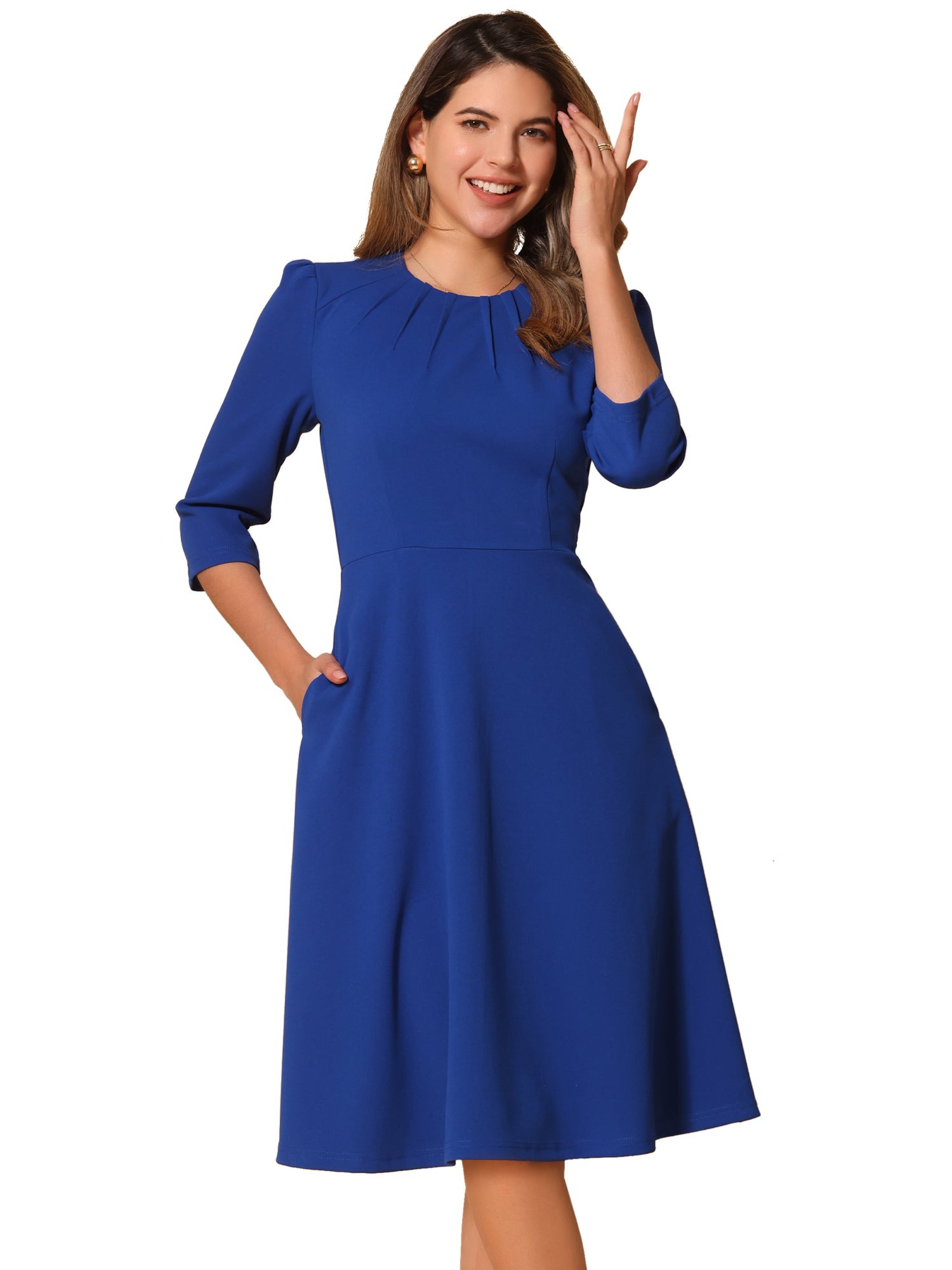 Imogen | 3/4 Sleeve Pleated Midi Swing Dress with Pockets | Elegant A-Line Everyday Style