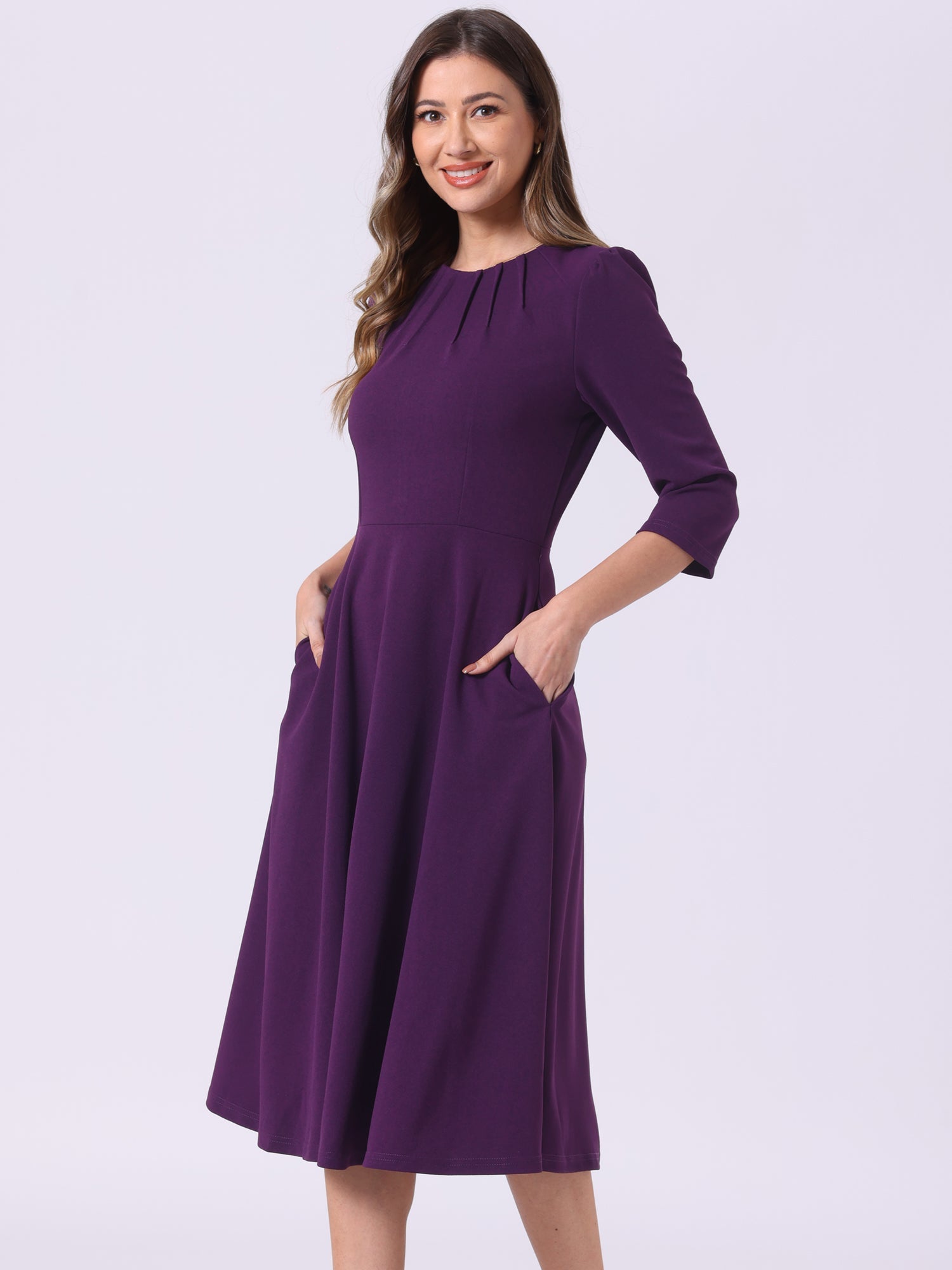 Imogen | 3/4 Sleeve Pleated Midi Swing Dress with Pockets | Elegant A-Line Everyday Style