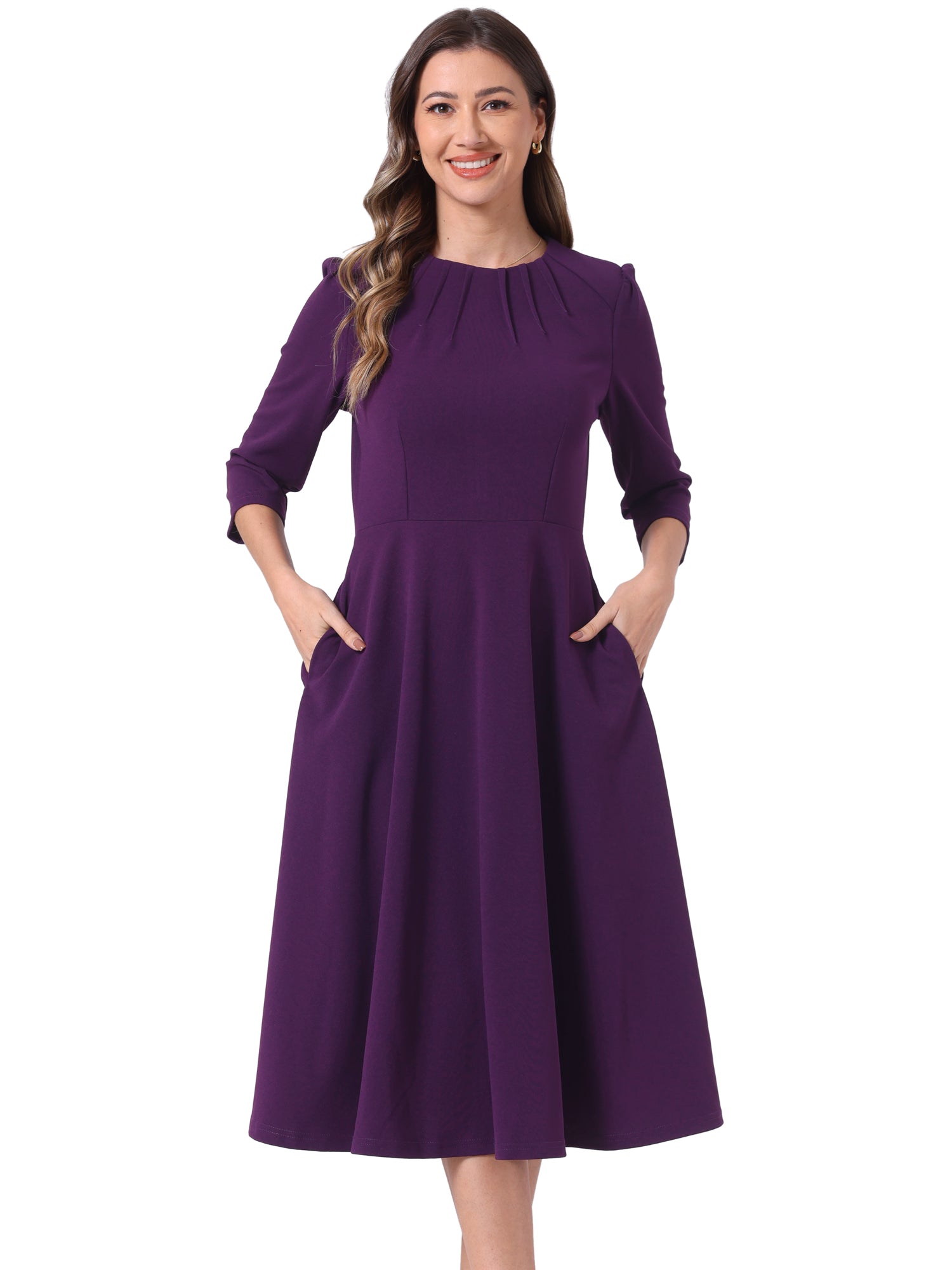 Imogen | 3/4 Sleeve Pleated Midi Swing Dress with Pockets | Elegant A-Line Everyday Style