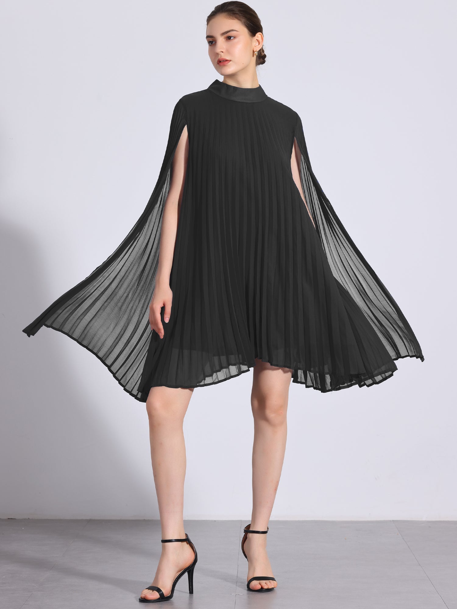 Zoe | Flowy Cape Sleeve Pleated Chiffon Mini Dress | Elegant Movement and Effortless Glam