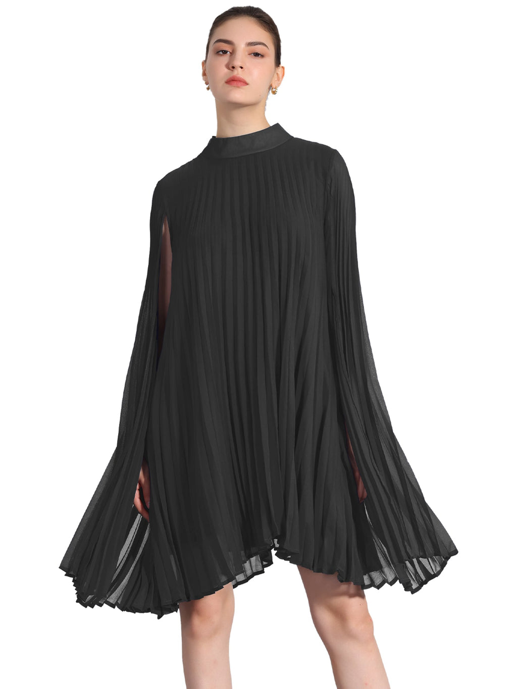 Zoe | Flowy Cape Sleeve Pleated Chiffon Mini Dress | Elegant Movement and Effortless Glam