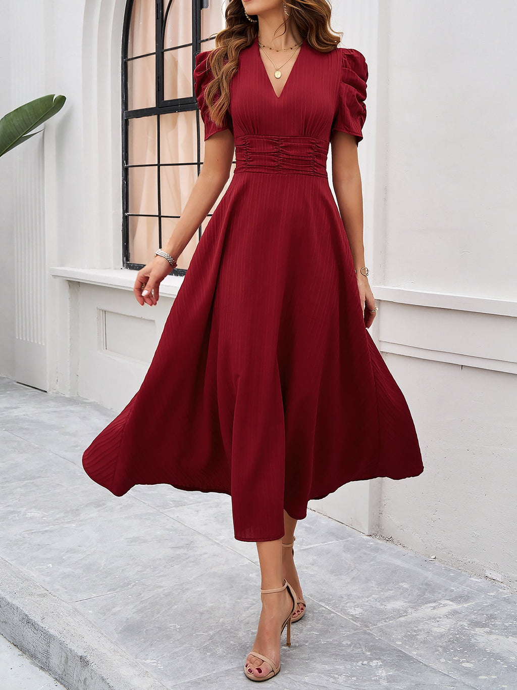 Scarlett | Textured Puff Sleeve Midi Dress | Elegant and Effortlessly Chic