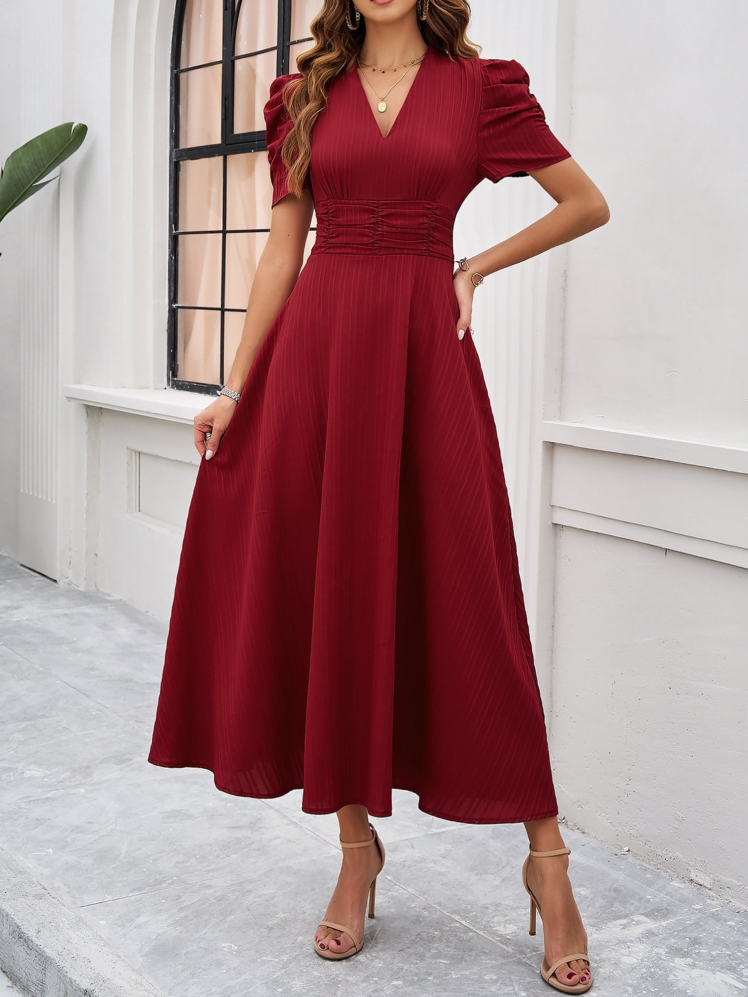 Scarlett | Textured Puff Sleeve Midi Dress | Elegant and Effortlessly Chic