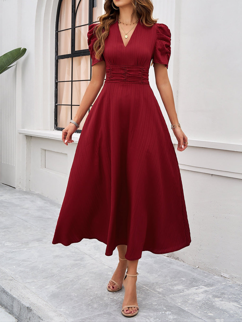 Scarlett | Textured Puff Sleeve Midi Dress | Elegant and Effortlessly Chic