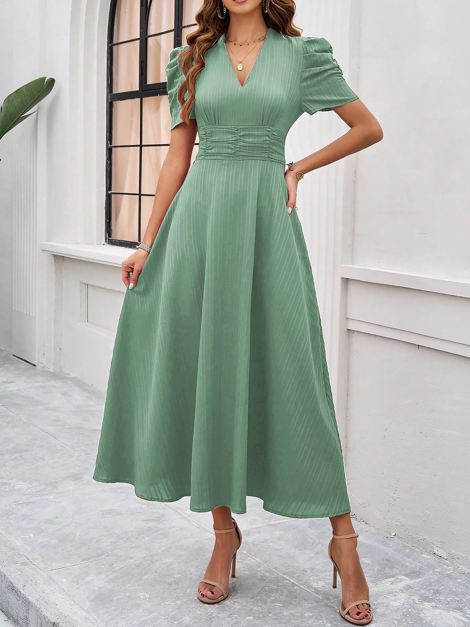 Scarlett | Textured Puff Sleeve Midi Dress | Elegant and Effortlessly Chic
