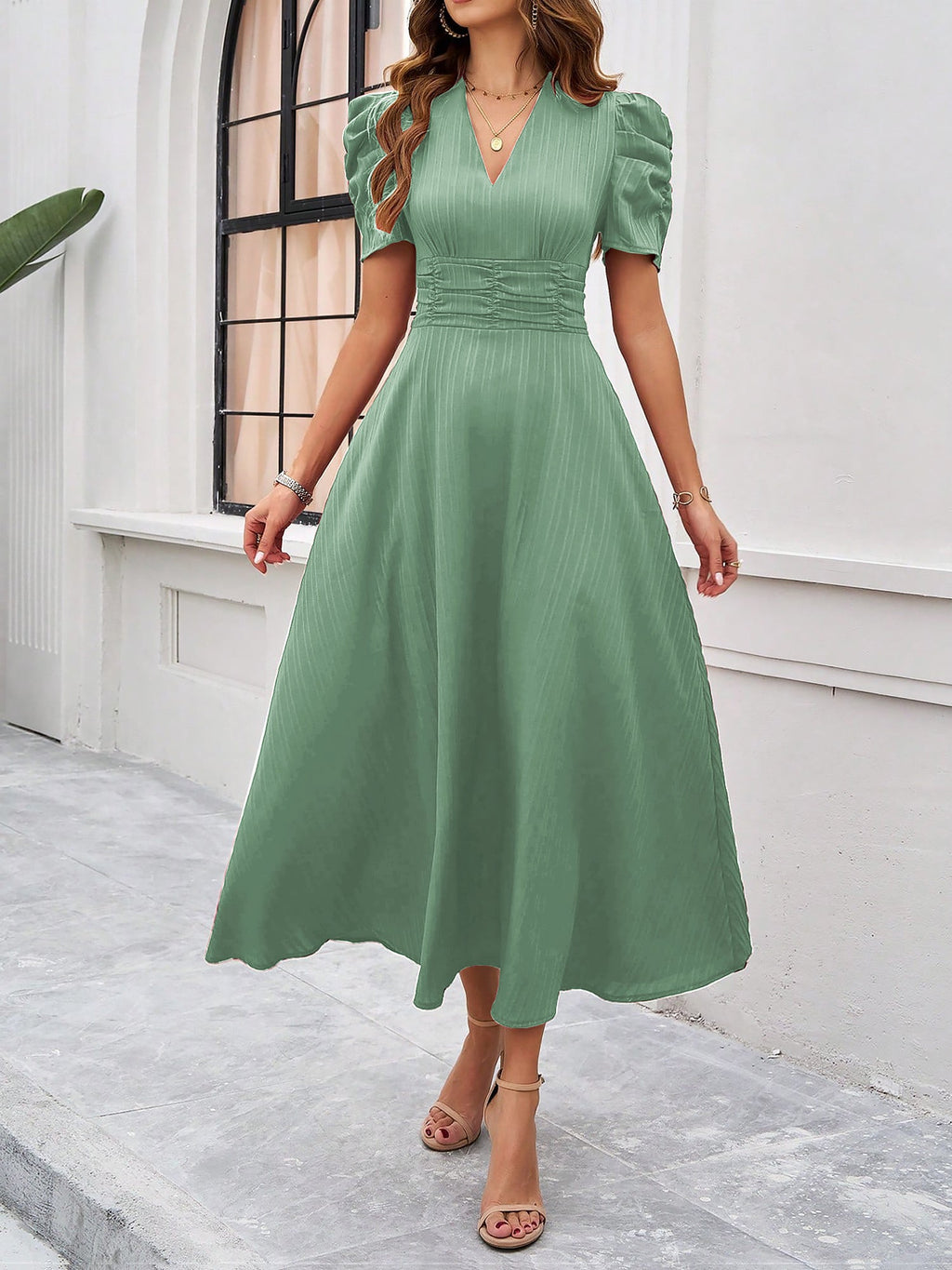 Scarlett | Textured Puff Sleeve Midi Dress | Elegant and Effortlessly Chic