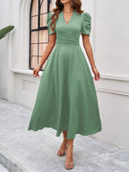 Scarlett | Textured Puff Sleeve Midi Dress | Elegant and Effortlessly Chic