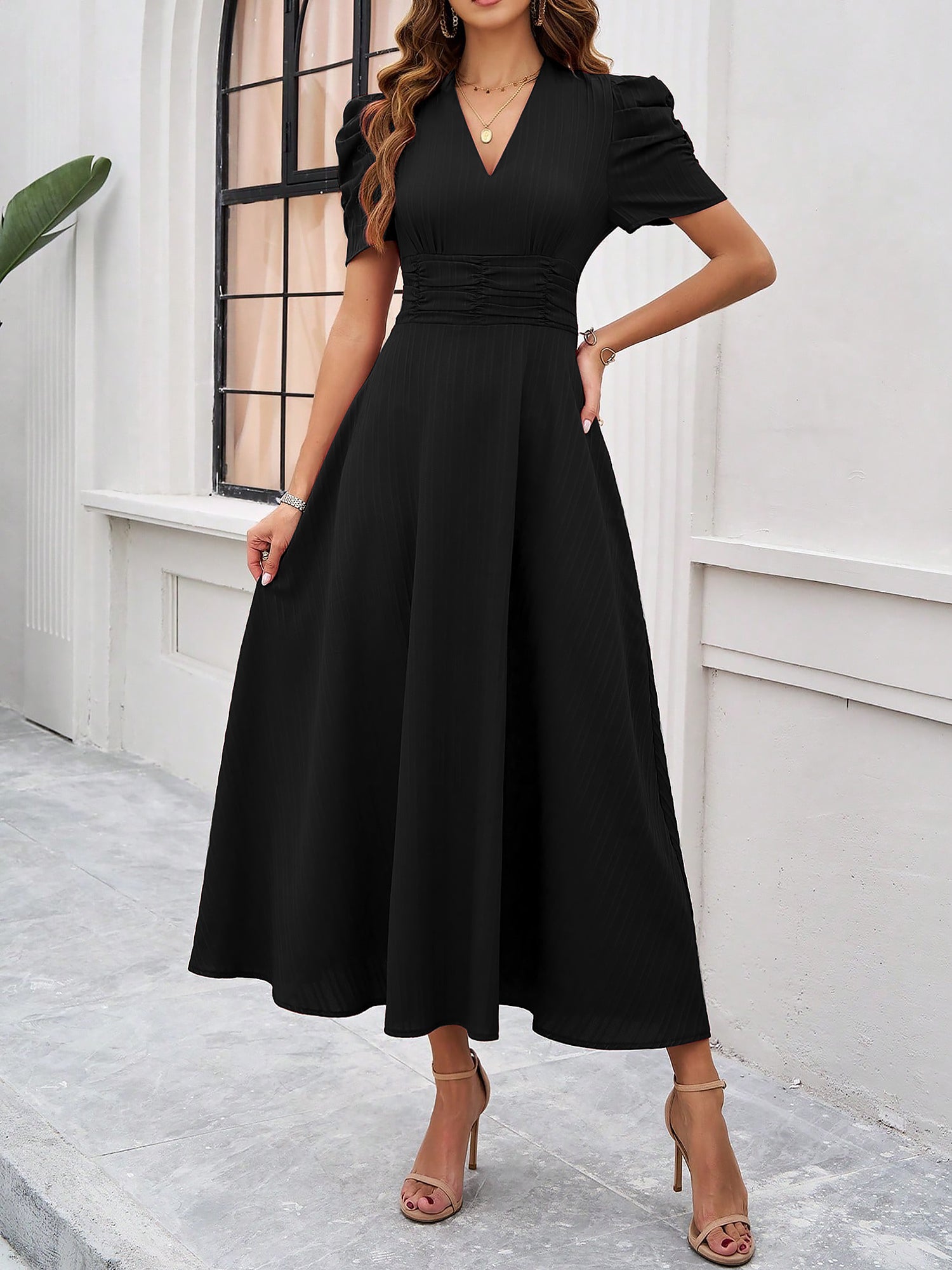 Scarlett | Textured Puff Sleeve Midi Dress | Elegant and Effortlessly Chic