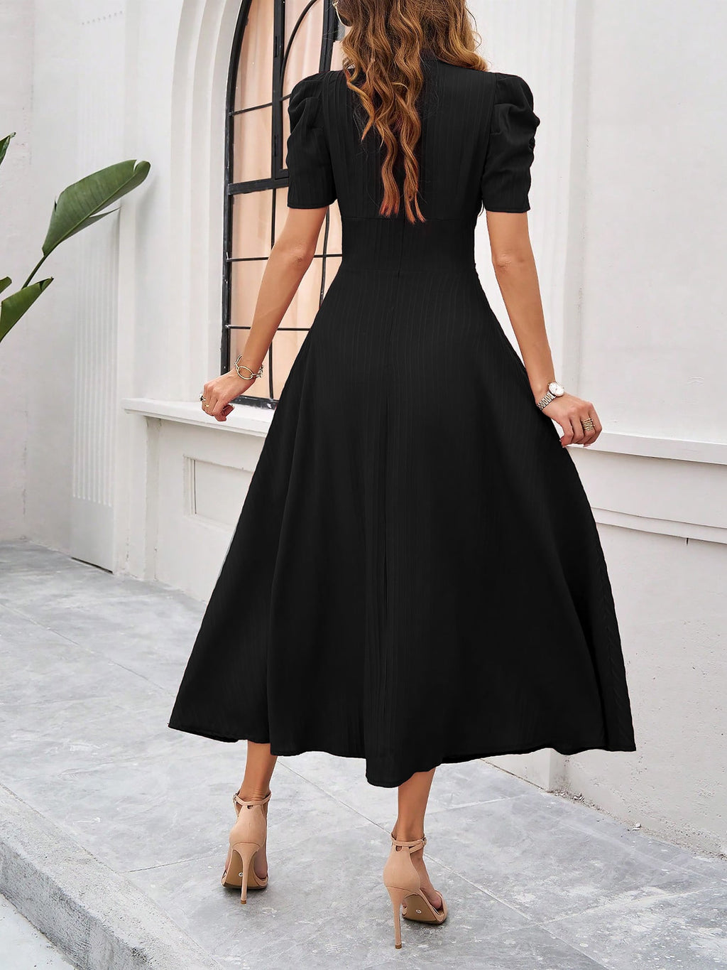 Scarlett | Textured Puff Sleeve Midi Dress | Elegant and Effortlessly Chic