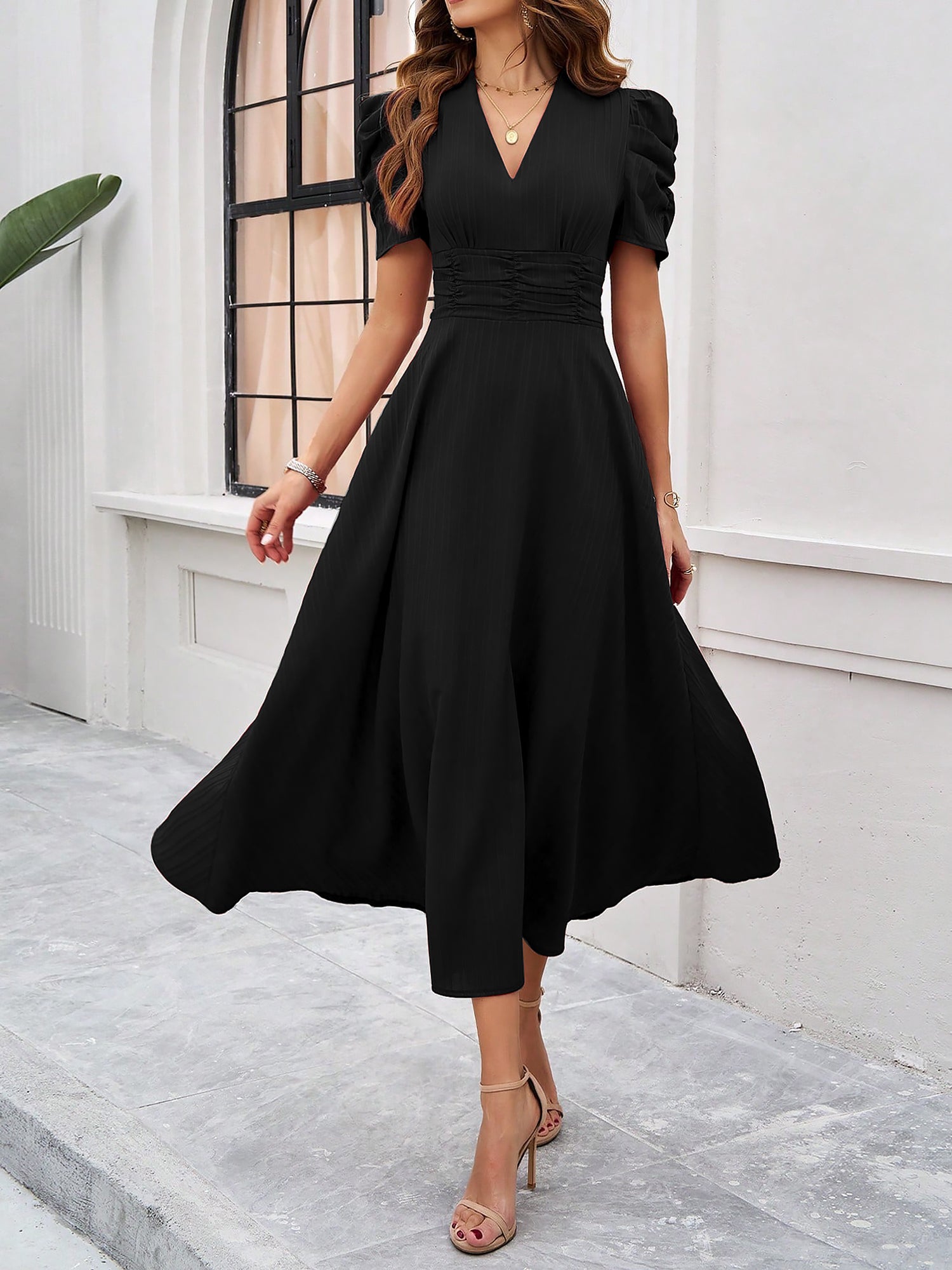 Scarlett | Textured Puff Sleeve Midi Dress | Elegant and Effortlessly Chic