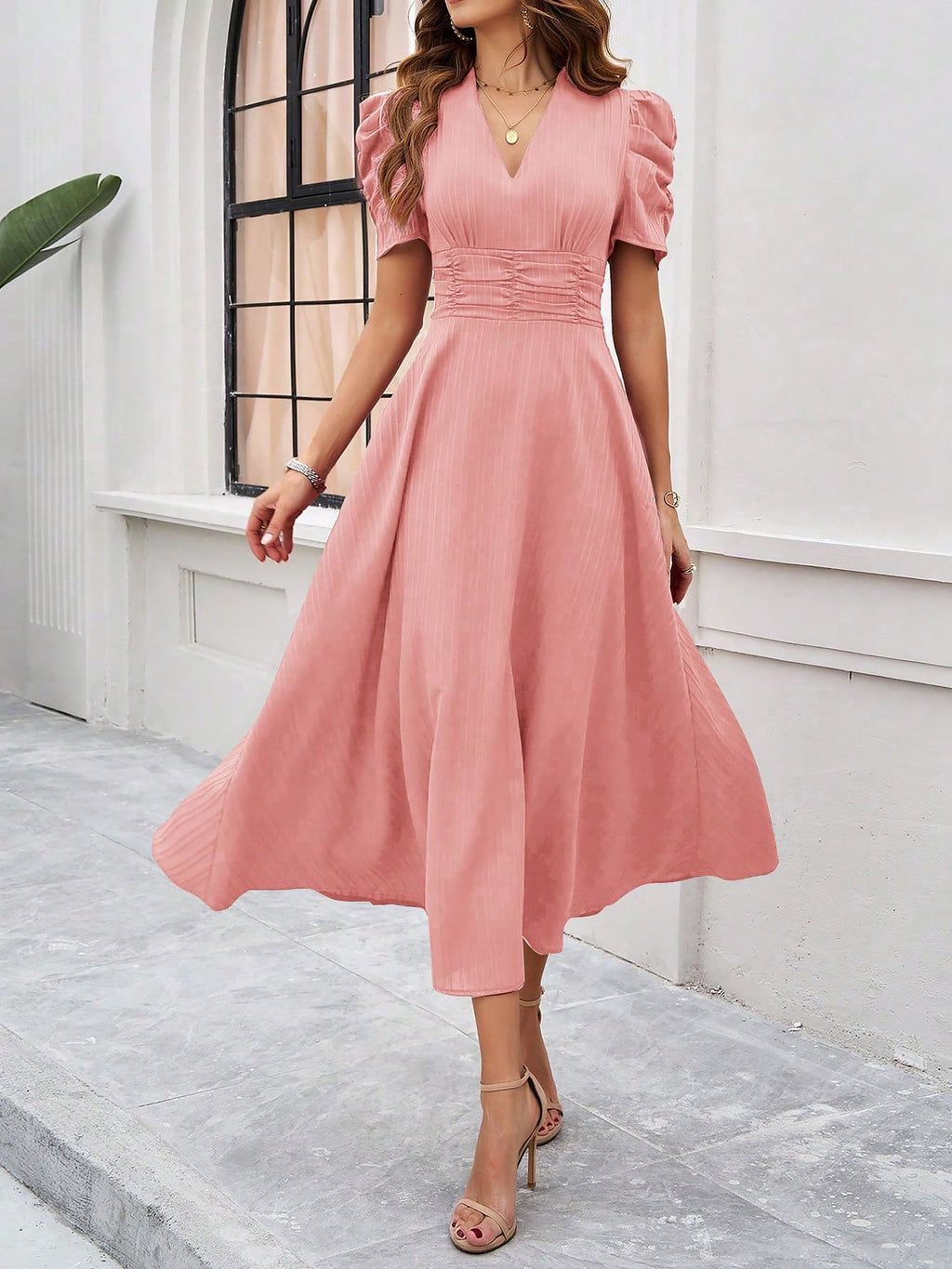 Scarlett | Textured Puff Sleeve Midi Dress | Elegant and Effortlessly Chic