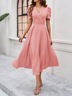 Scarlett | Textured Puff Sleeve Midi Dress | Elegant and Effortlessly Chic