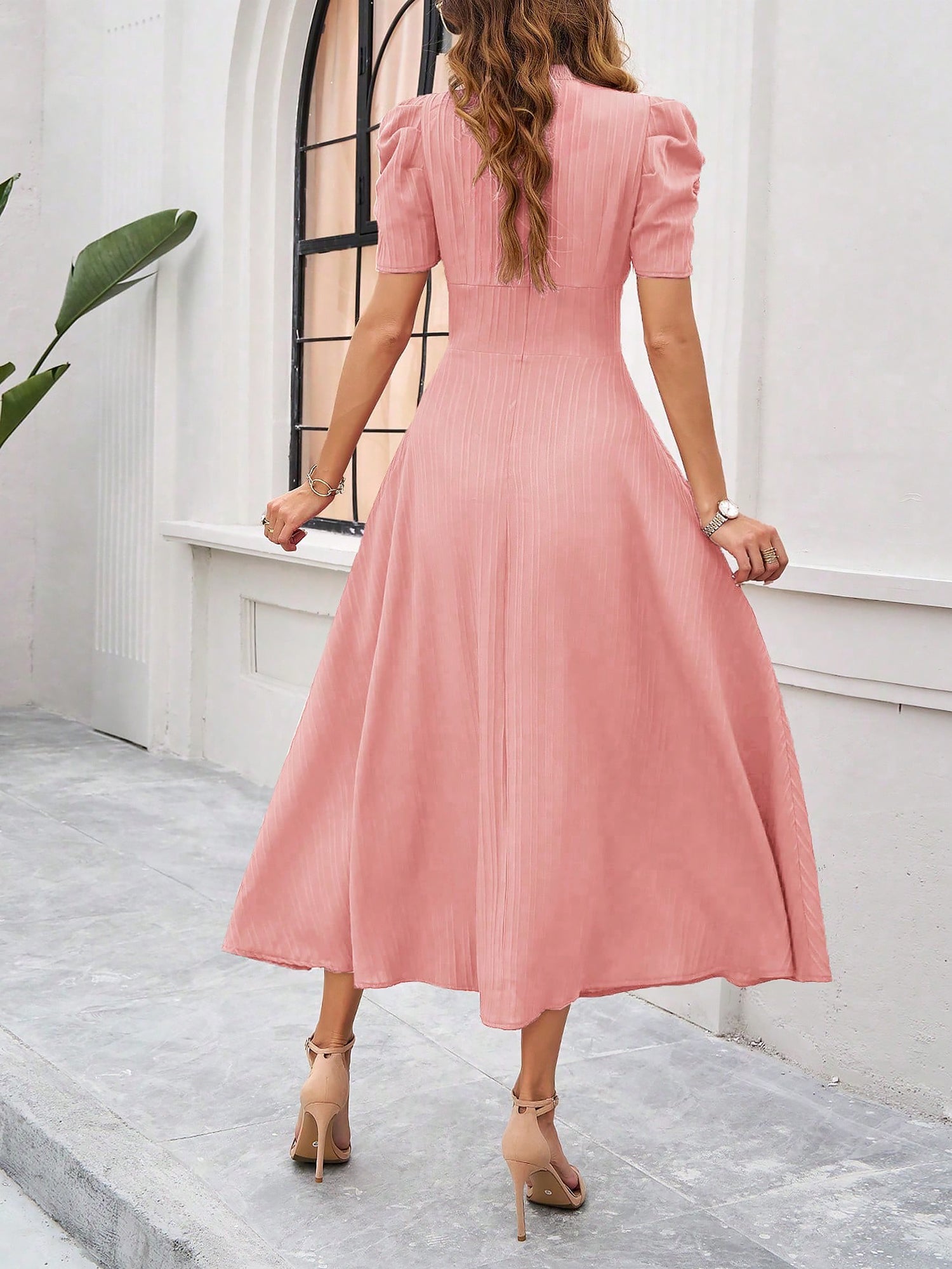 Scarlett | Textured Puff Sleeve Midi Dress | Elegant and Effortlessly Chic