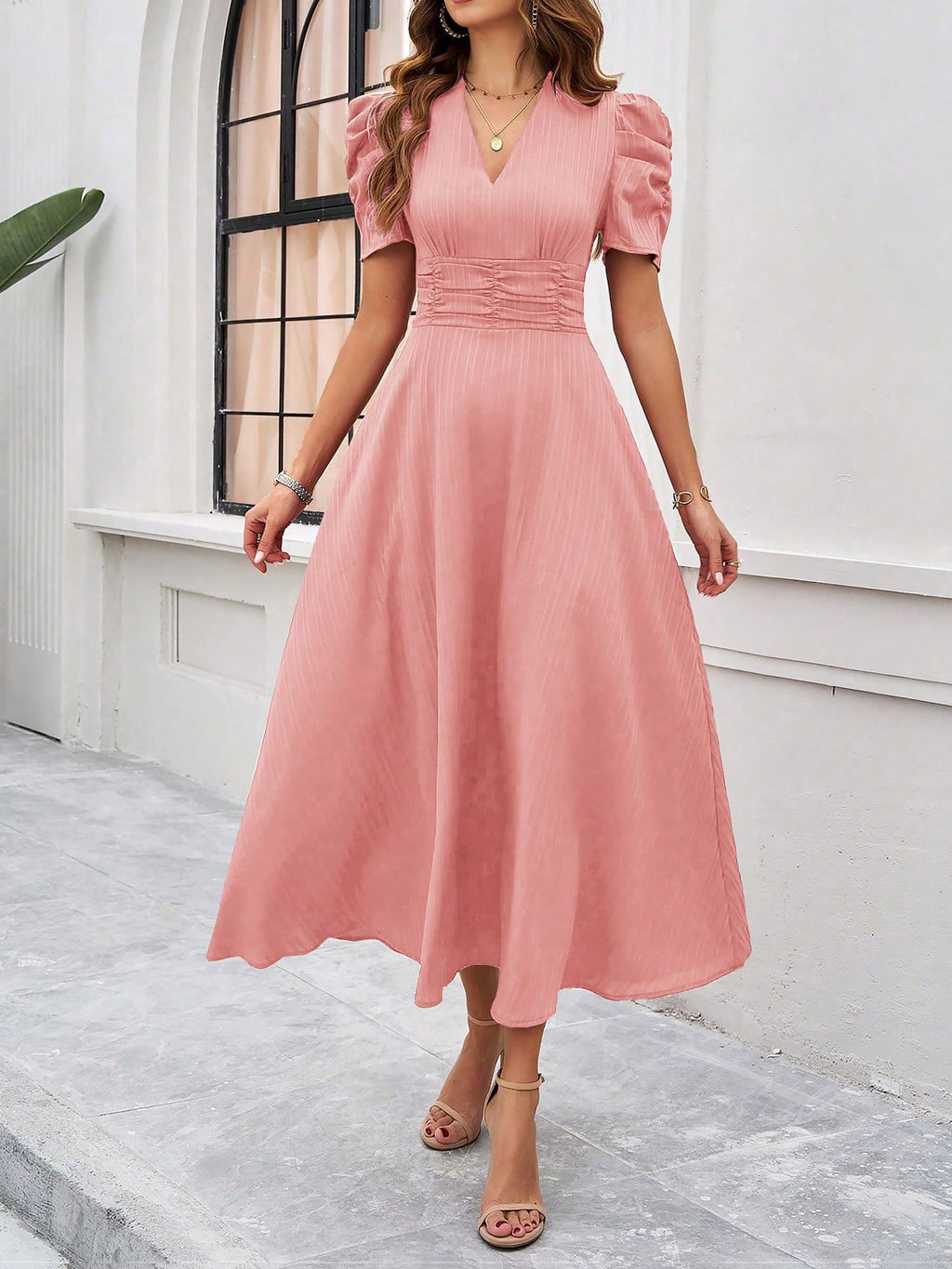 Scarlett | Textured Puff Sleeve Midi Dress | Elegant and Effortlessly Chic