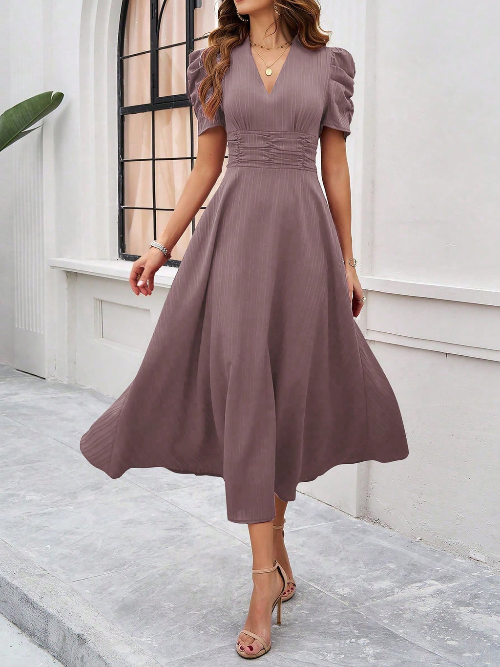 Scarlett | Textured Puff Sleeve Midi Dress | Elegant and Effortlessly Chic