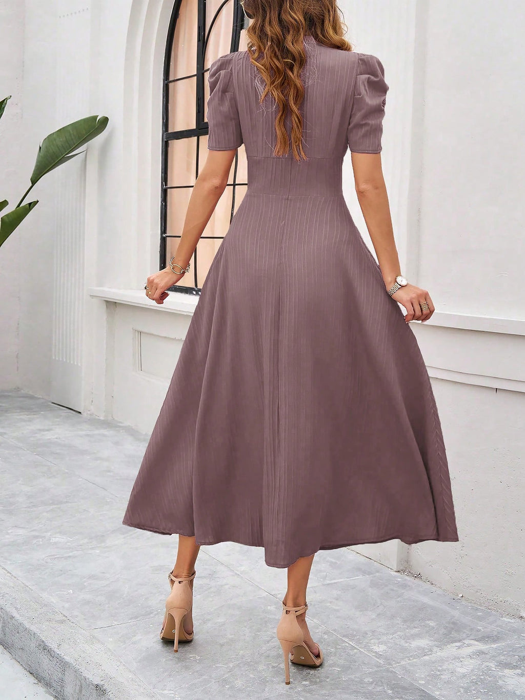 Scarlett | Textured Puff Sleeve Midi Dress | Elegant and Effortlessly Chic
