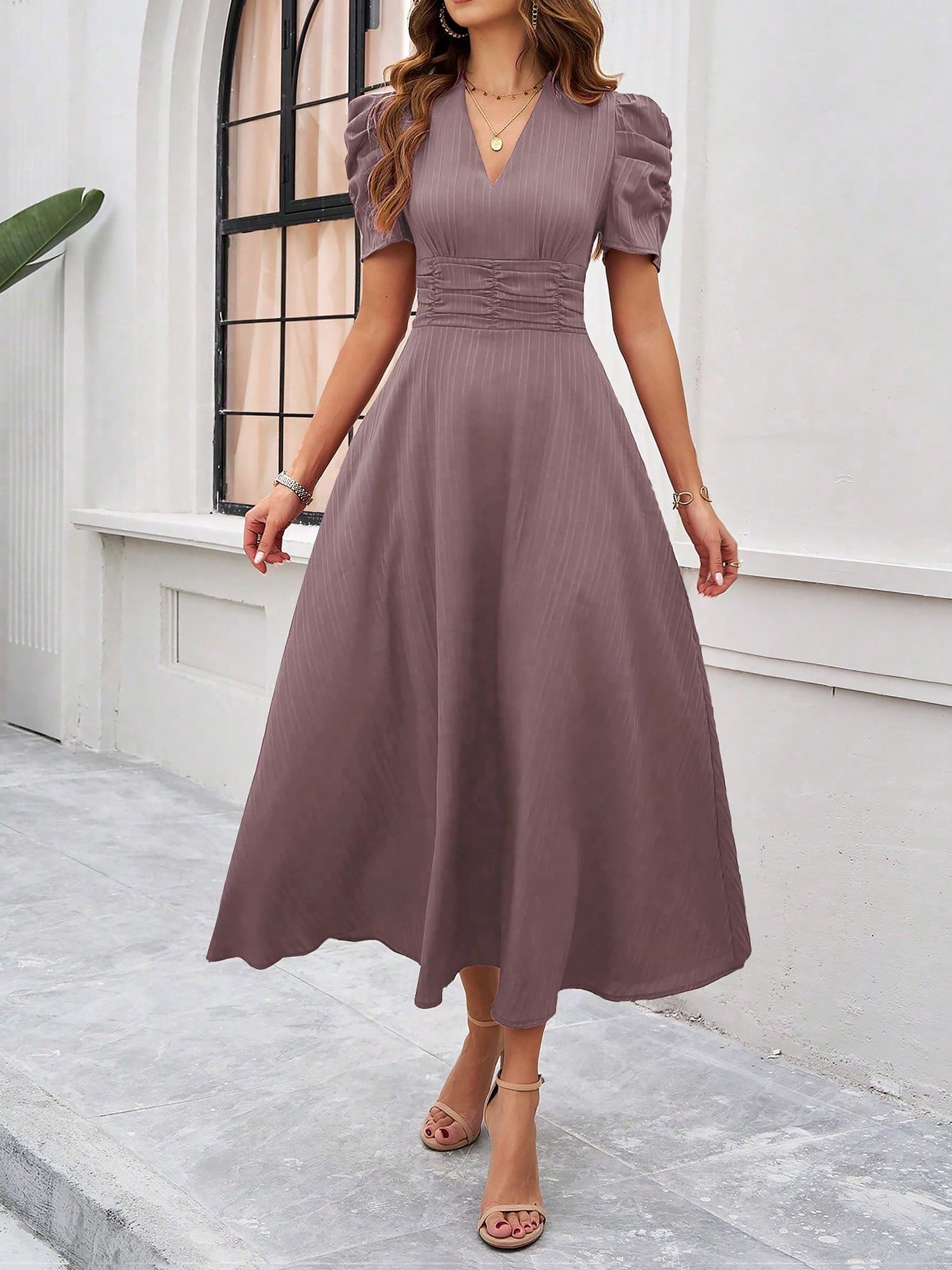 Scarlett | Textured Puff Sleeve Midi Dress | Elegant and Effortlessly Chic