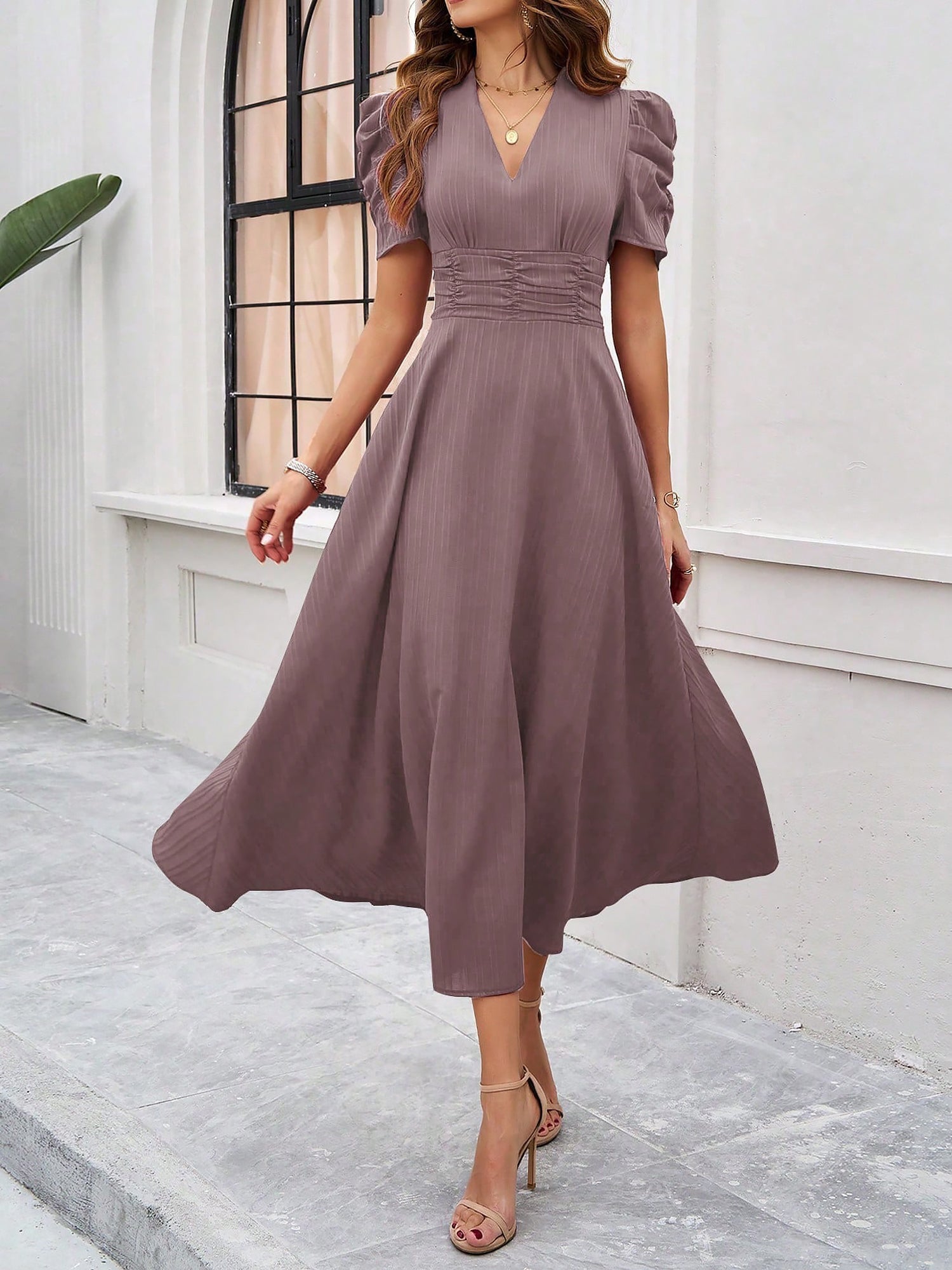 Scarlett | Textured Puff Sleeve Midi Dress | Elegant and Effortlessly Chic