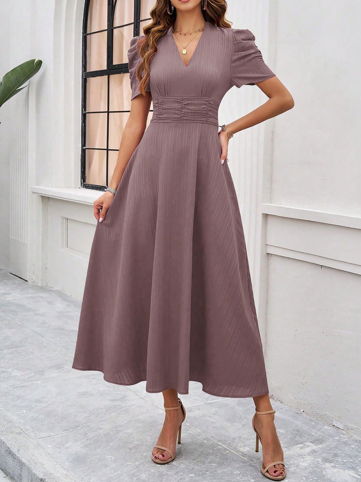 Scarlett | Textured Puff Sleeve Midi Dress | Elegant and Effortlessly Chic