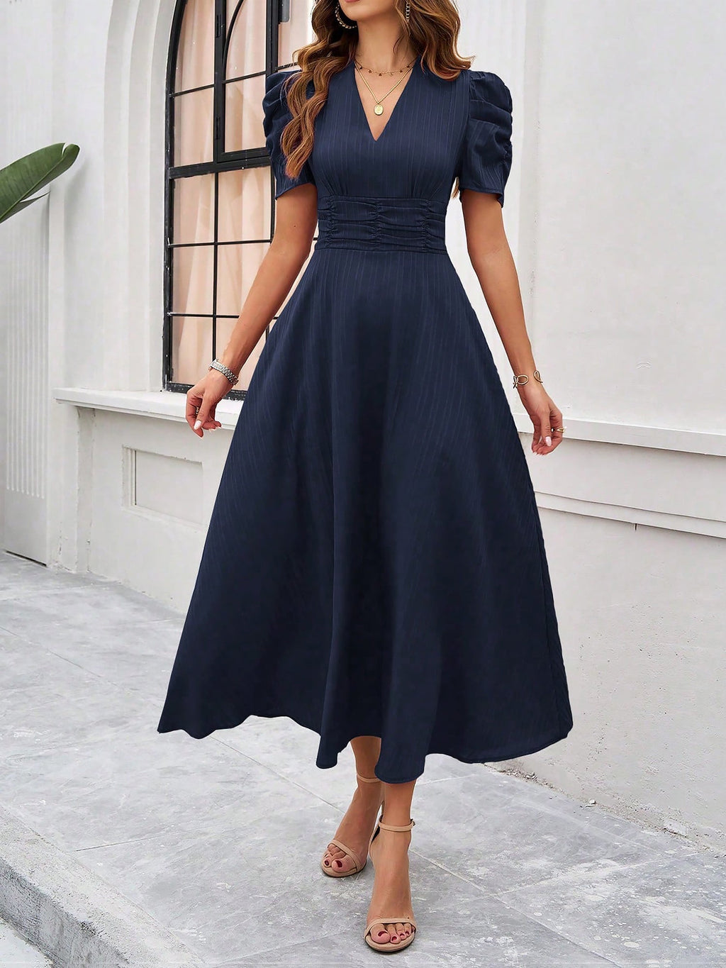 Scarlett | Textured Puff Sleeve Midi Dress | Elegant and Effortlessly Chic