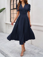 Scarlett | Textured Puff Sleeve Midi Dress | Elegant and Effortlessly Chic