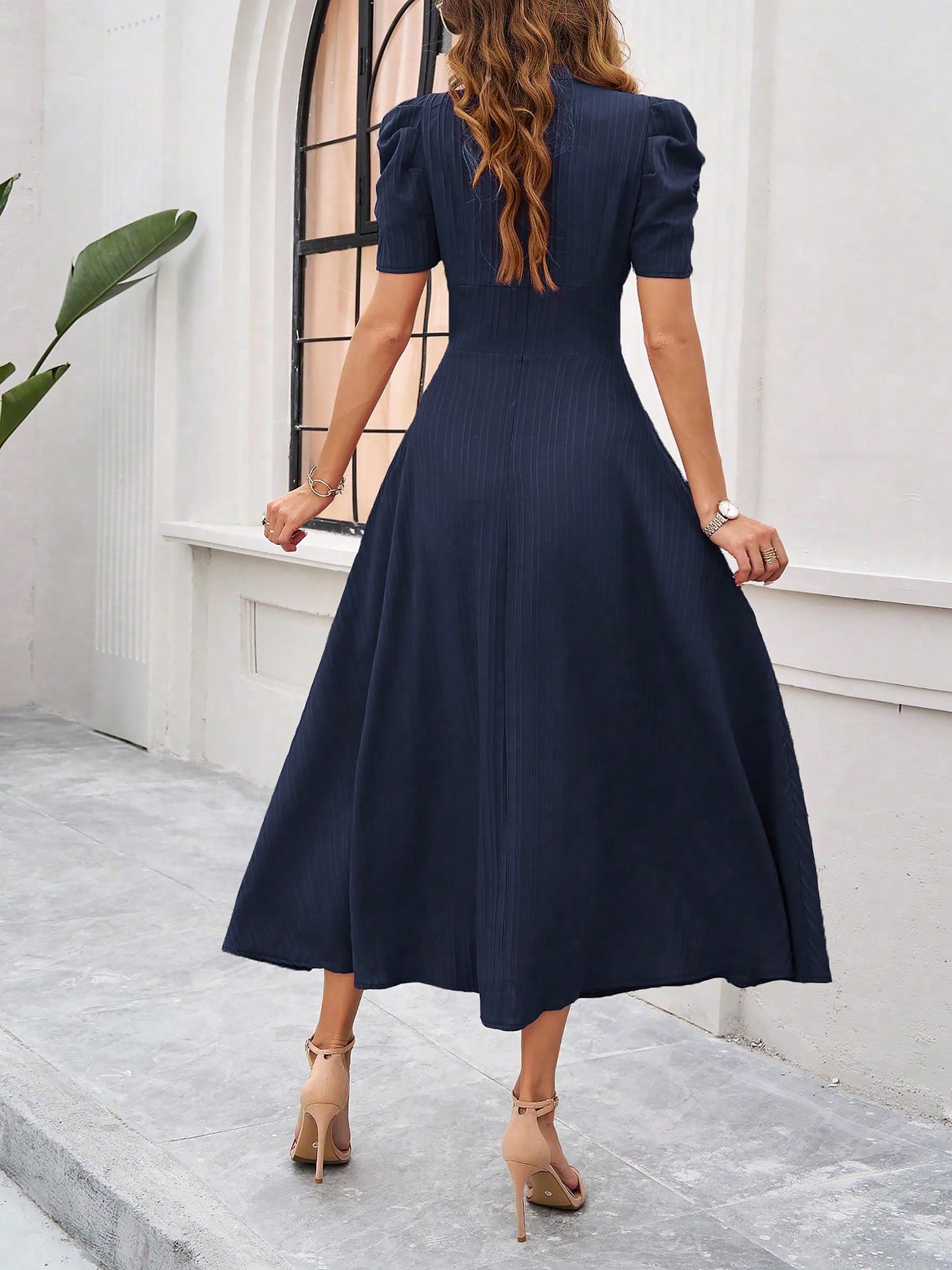 Scarlett | Textured Puff Sleeve Midi Dress | Elegant and Effortlessly Chic