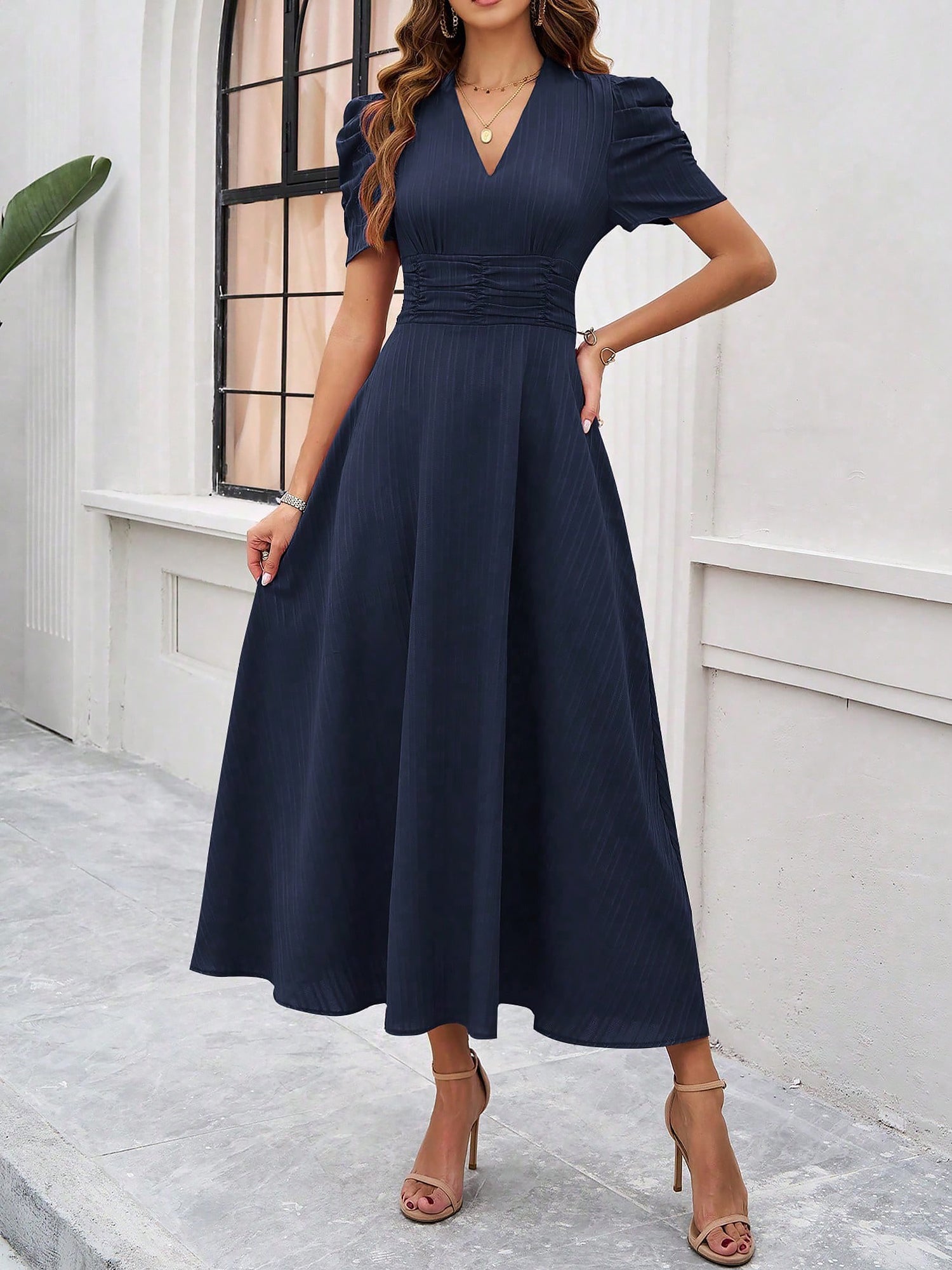 Scarlett | Textured Puff Sleeve Midi Dress | Elegant and Effortlessly Chic
