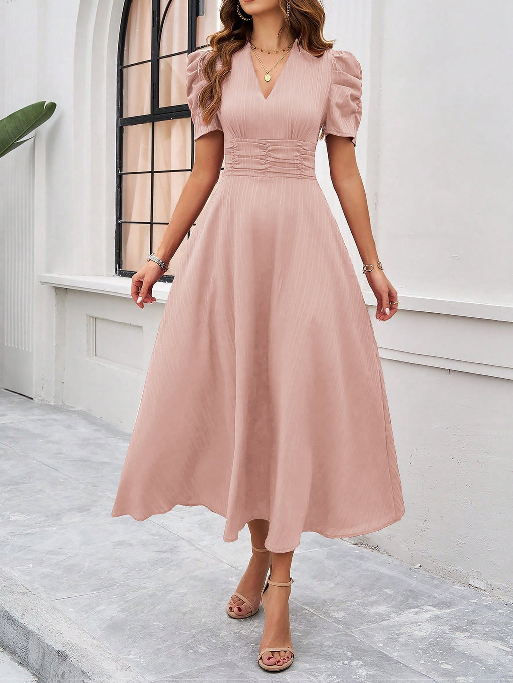 Scarlett | Textured Puff Sleeve Midi Dress | Elegant and Effortlessly Chic