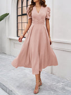Scarlett | Textured Puff Sleeve Midi Dress | Elegant and Effortlessly Chic