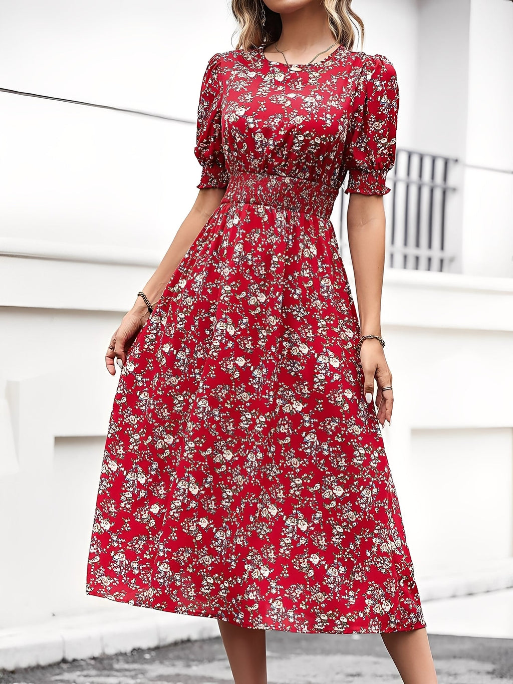 Eva | Floral Puff Sleeve Midi Dress | Feminine and Effortlessly Chic