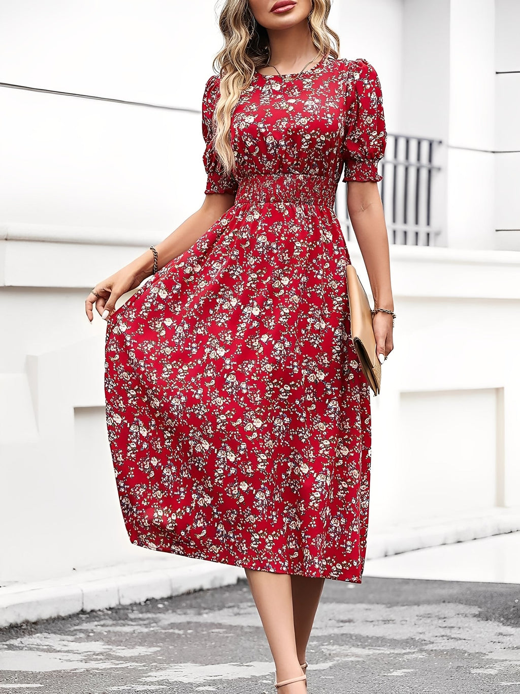 Eva | Floral Puff Sleeve Midi Dress | Feminine and Effortlessly Chic