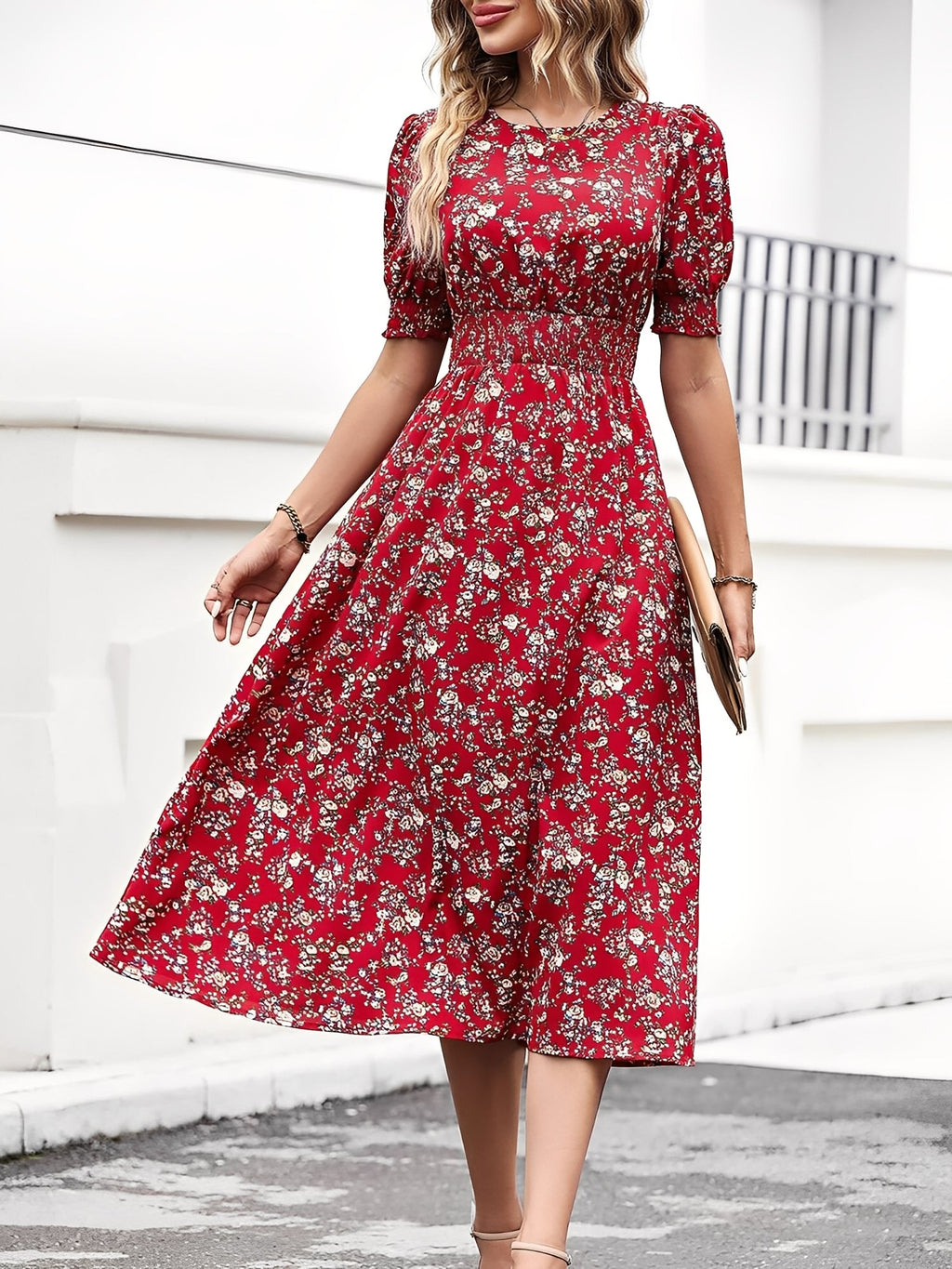 Eva | Floral Puff Sleeve Midi Dress | Feminine and Effortlessly Chic