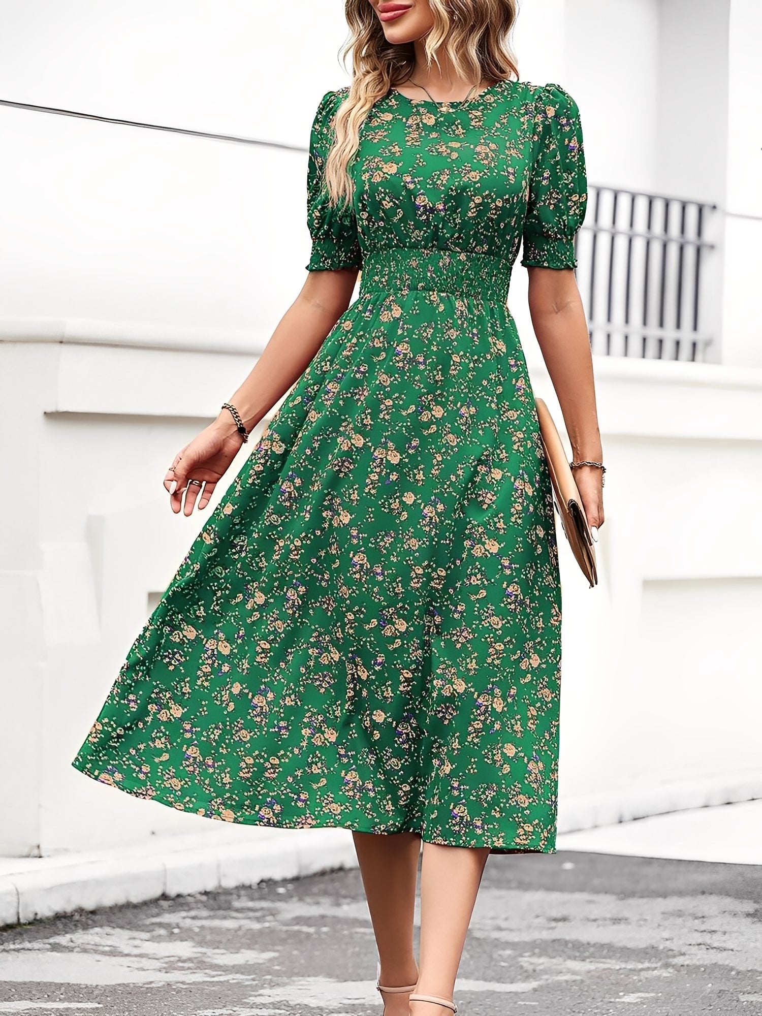 Eva | Floral Puff Sleeve Midi Dress | Feminine and Effortlessly Chic