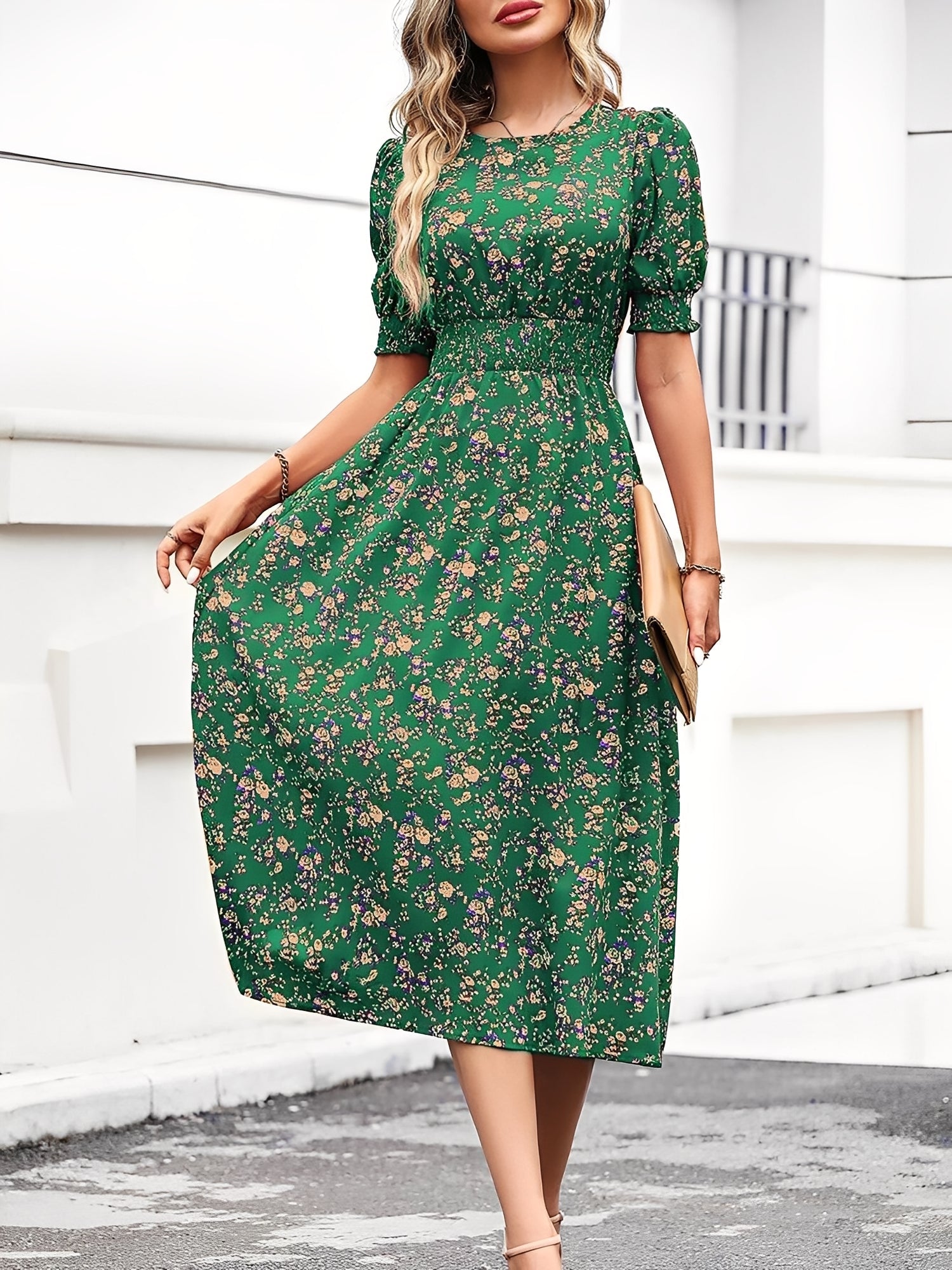 Eva | Floral Puff Sleeve Midi Dress | Feminine and Effortlessly Chic