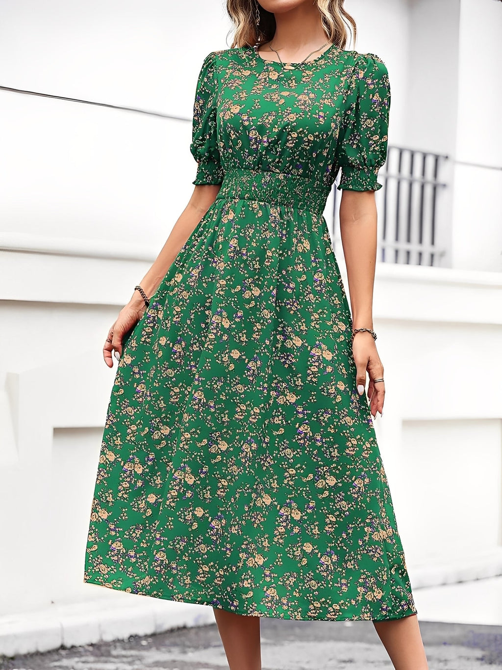 Eva | Floral Puff Sleeve Midi Dress | Feminine and Effortlessly Chic