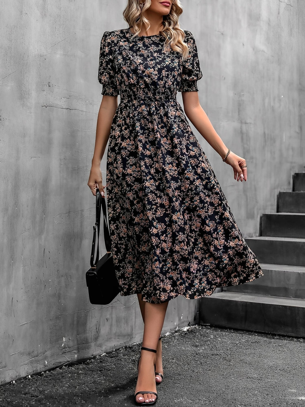 Eva | Floral Puff Sleeve Midi Dress | Feminine and Effortlessly Chic