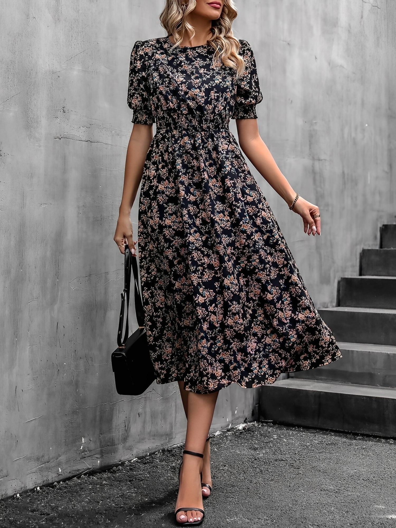Eva | Floral Puff Sleeve Midi Dress | Feminine and Effortlessly Chic