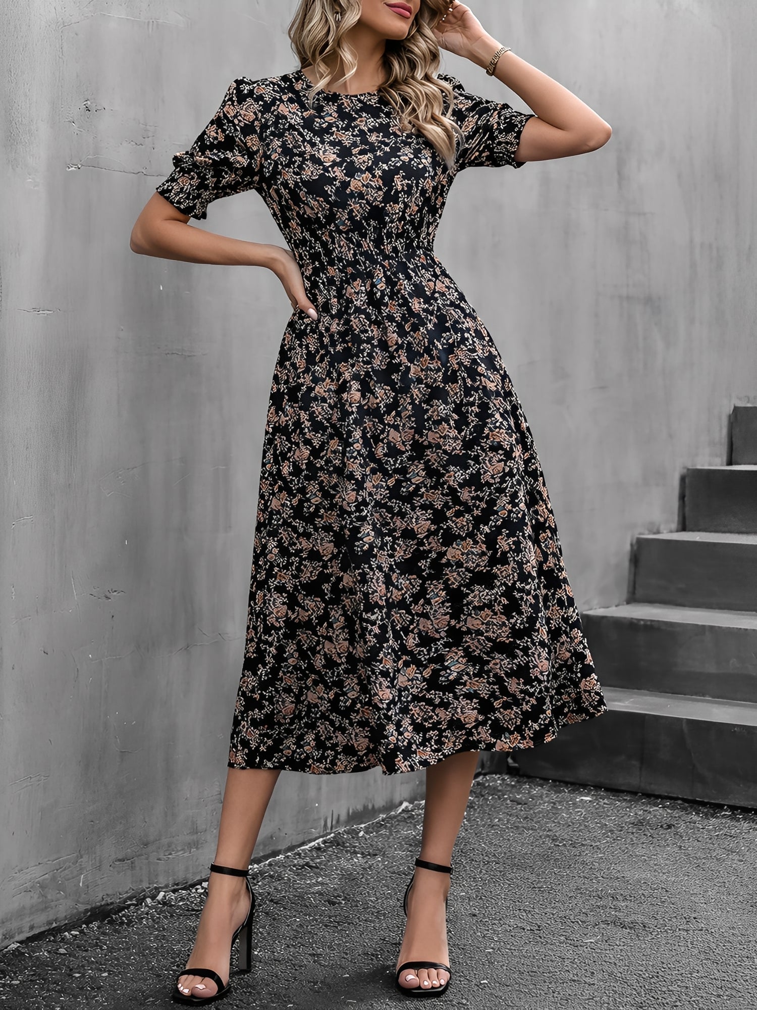 Eva | Floral Puff Sleeve Midi Dress | Feminine and Effortlessly Chic