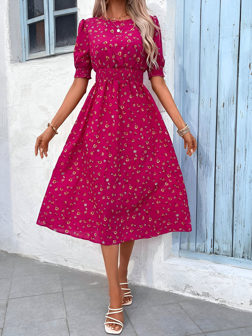 Eva | Floral Puff Sleeve Midi Dress | Feminine and Effortlessly Chic