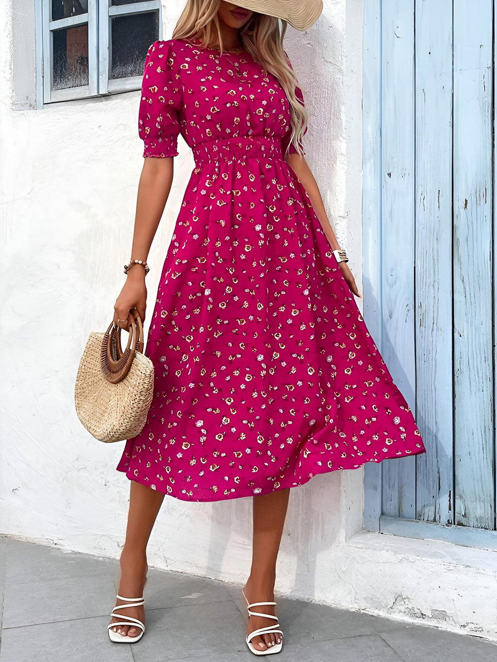 Eva | Floral Puff Sleeve Midi Dress | Feminine and Effortlessly Chic