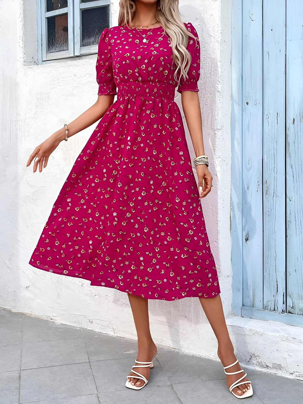 Eva | Floral Puff Sleeve Midi Dress | Feminine and Effortlessly Chic