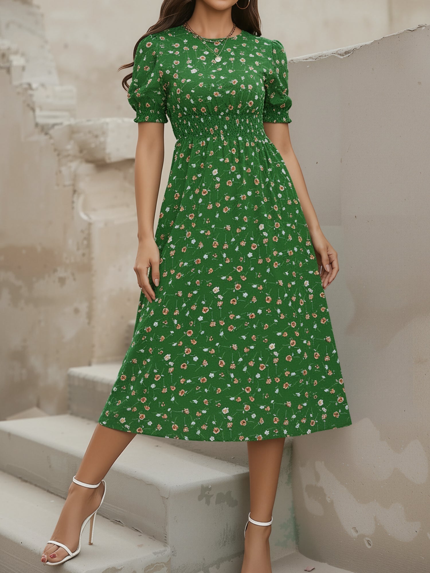 Eva | Floral Puff Sleeve Midi Dress | Feminine and Effortlessly Chic